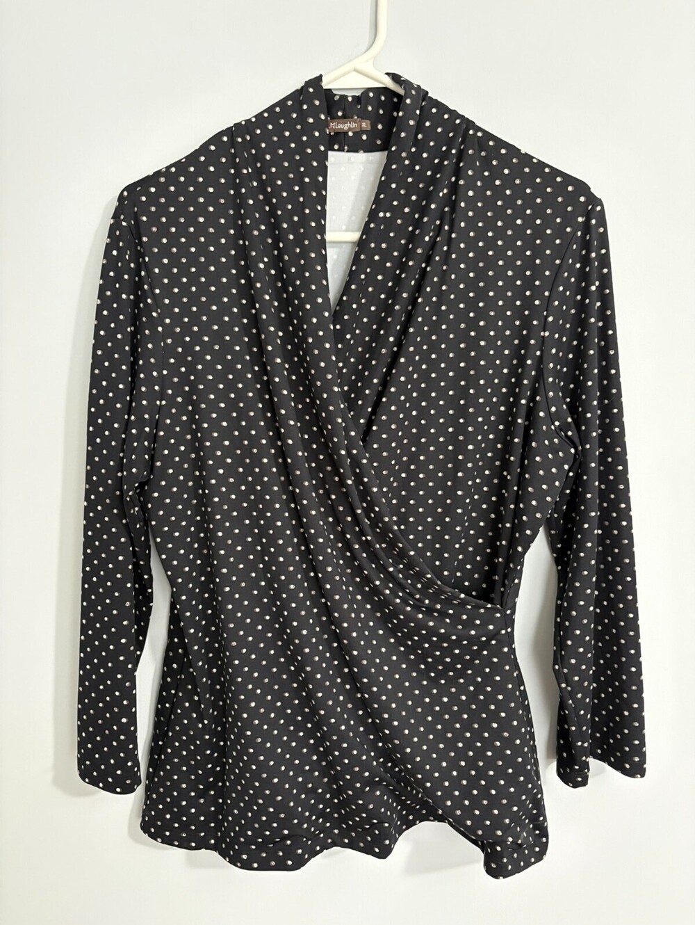J McLaughlin Black White Polka Dot Catalina Cloth Faux Wrap Top 3/4 Sleeve Sz XL